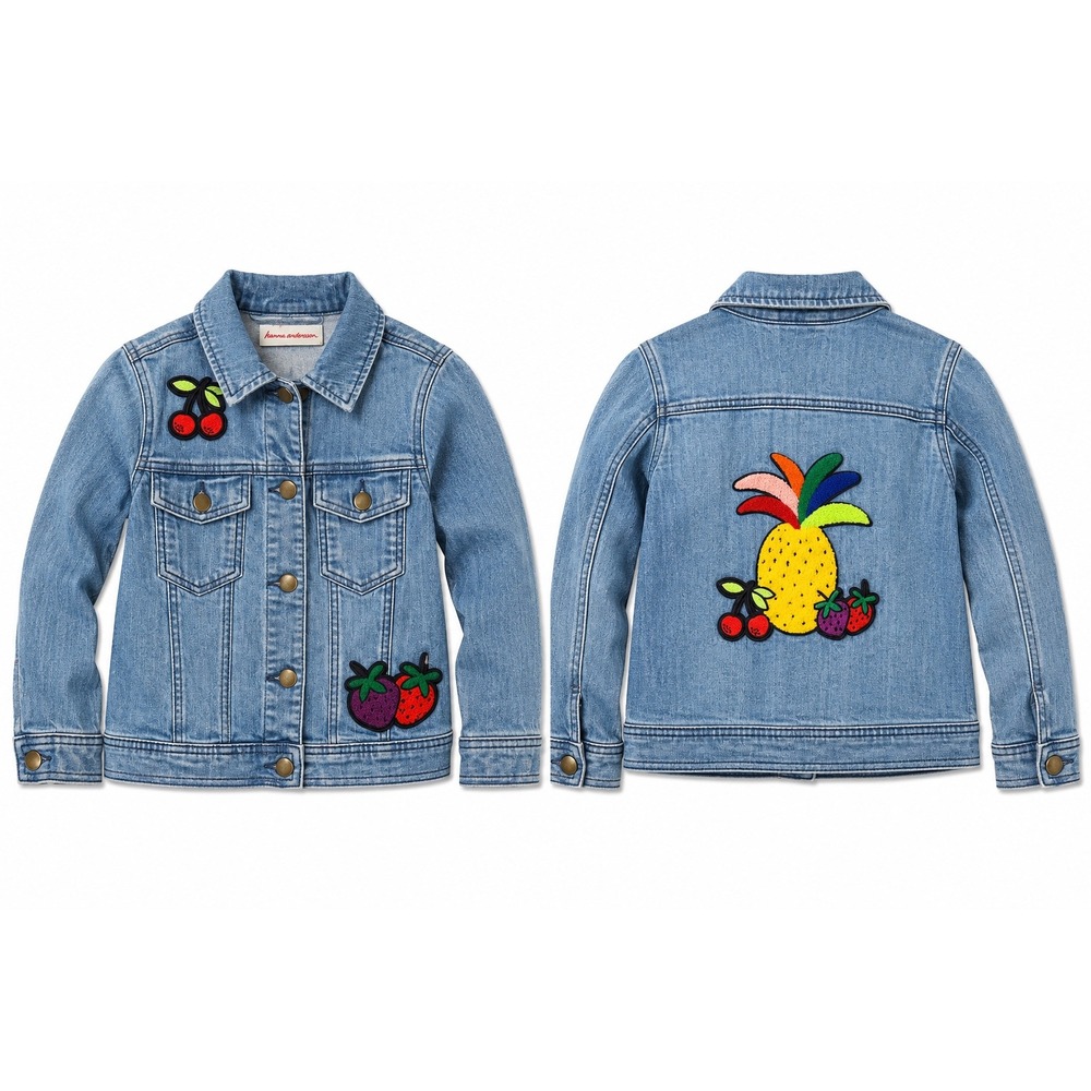 Hanna Andersson Girls Denim Jacket Fruit Applique Embroidered Size 8